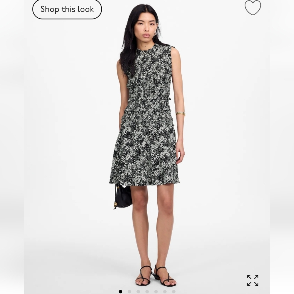 Madewell Smocked Crewneck Mini Dress in Floral  NEW Black White NU575